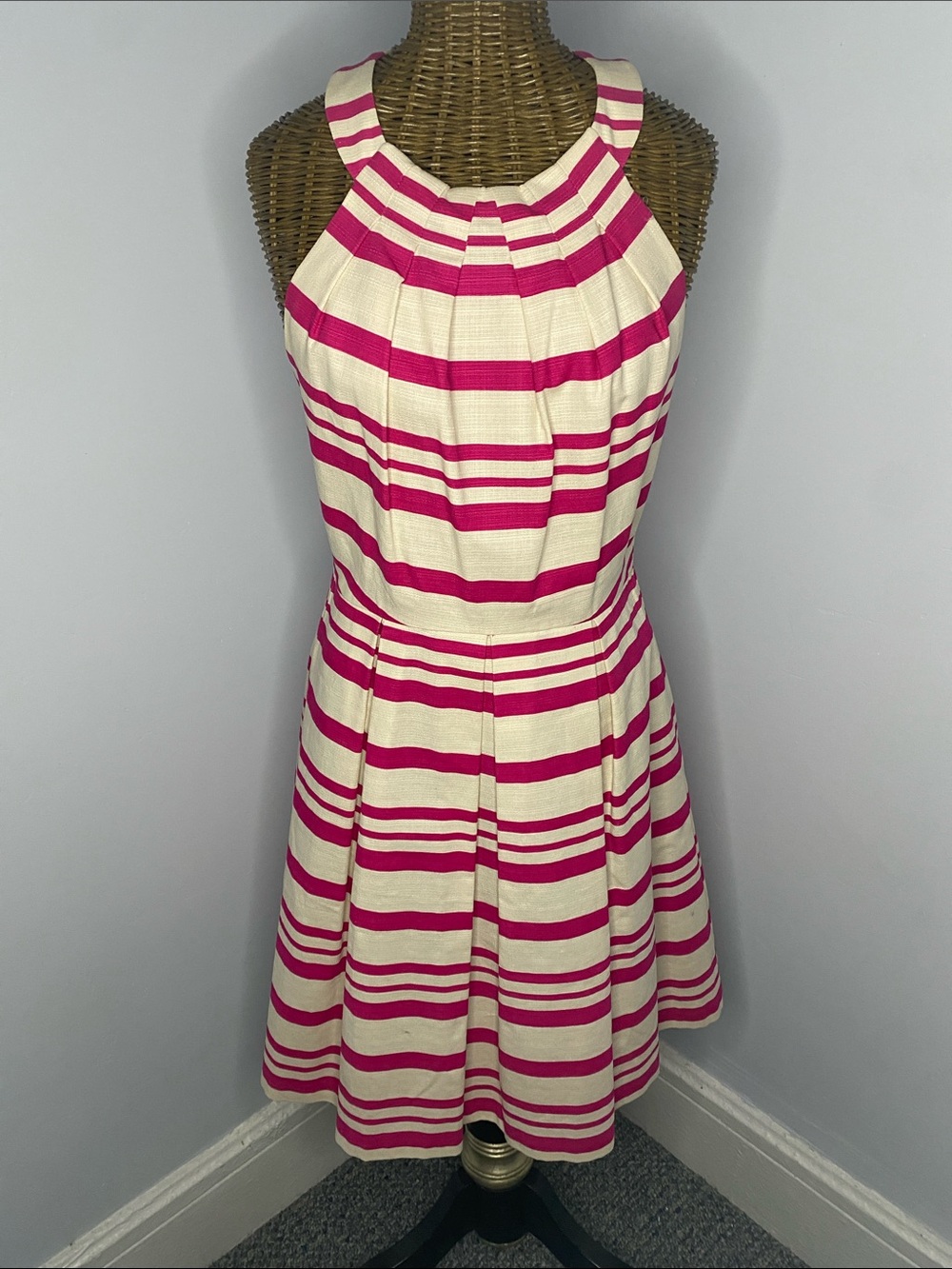 Eliza J Cream and Hot Pink Striped Halter Fit-and-Flare Dress